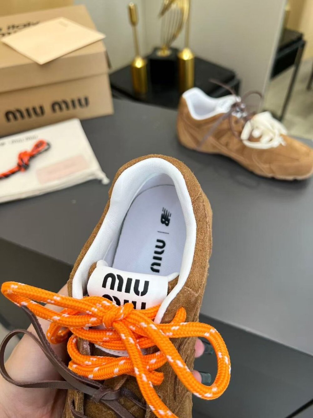 Miu Miu Brown Suede Low-Top Sneakers with Multi-Color Laces - Picture 4 of 5